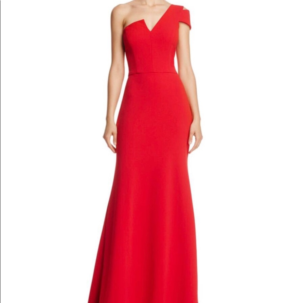 AQUA One-Shoulder Red Ruffled Gown